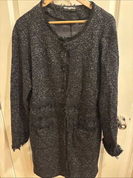 Karl Lagerfeld Sweaters - Karl Lagerfeld Black and Gray Fringe-Trim Long Knit Cardigan